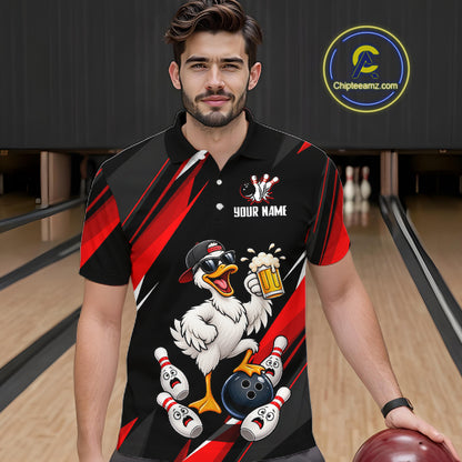 Black & Red Funny Duck Bowling Jersey Custom Bowling Shirt for Men Polo & 1/4 Zip QZT1246