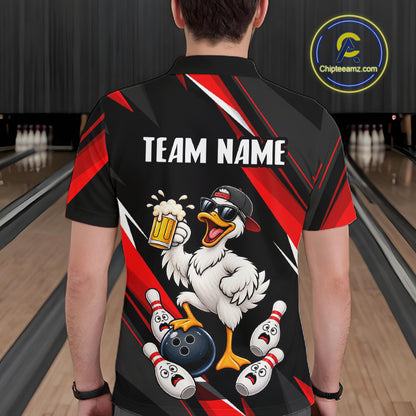 Black & Red Funny Duck Bowling Jersey Custom Bowling Shirt for Men Polo & 1/4 Zip QZT1246