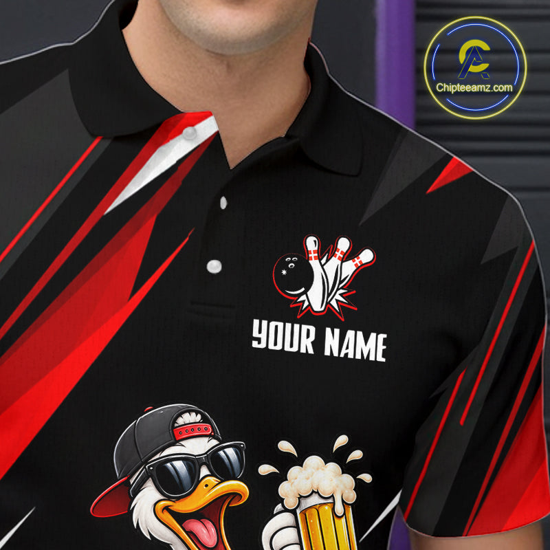 Black & Red Funny Duck Bowling Jersey Custom Bowling Shirt for Men Polo & 1/4 Zip QZT1246