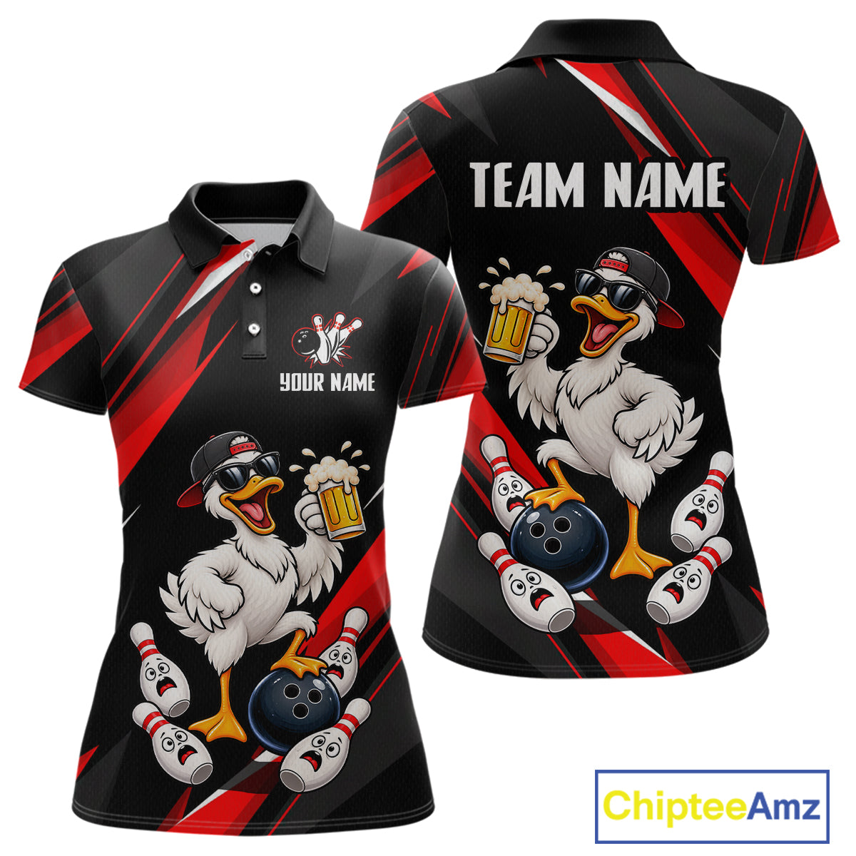 Black & Red Funny Duck Bowling Jersey Custom Bowling Shirt for Women Polo & 1/4 Zip QZT1246