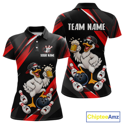 Black & Red Funny Duck Bowling Jersey Custom Bowling Shirt for Women Polo & 1/4 Zip QZT1246