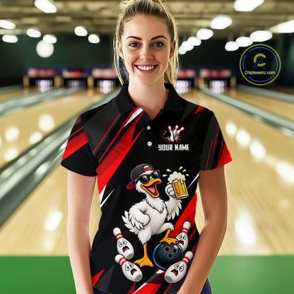 Black & Red Funny Duck Bowling Jersey Custom Bowling Shirt for Women Polo & 1/4 Zip QZT1246