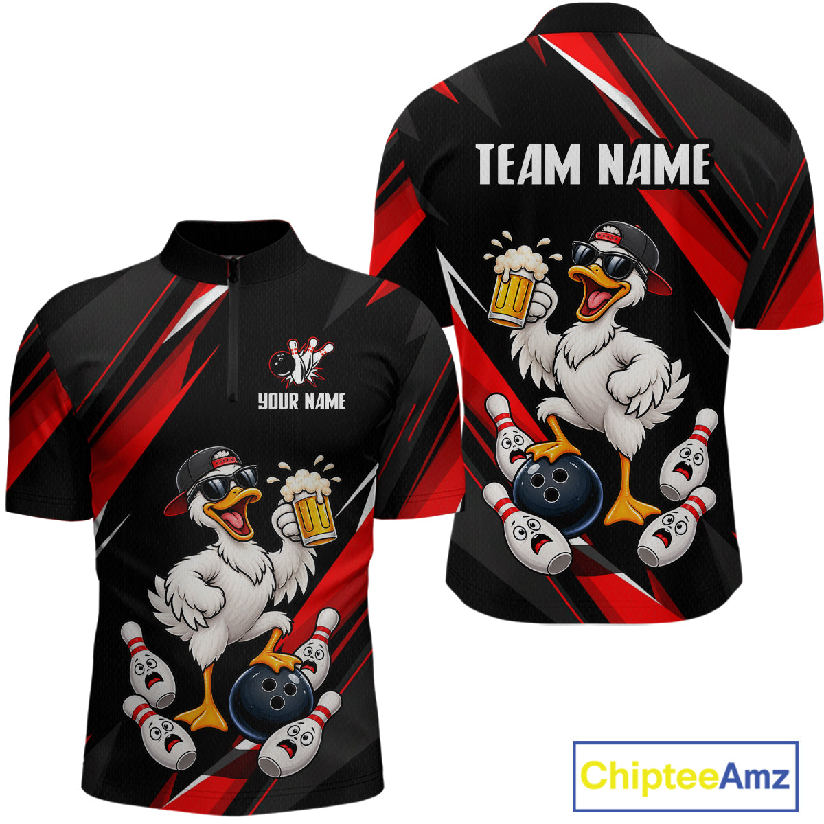 Black & Red Funny Duck Bowling Jersey Custom Bowling Shirt for Men Polo & 1/4 Zip QZT1246