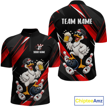 Black & Red Funny Duck Bowling Jersey Custom Bowling Shirt for Men Polo & 1/4 Zip QZT1246