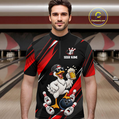 Black & Red Funny Duck Bowling Jersey Custom Bowling Shirt for Men Polo & 1/4 Zip QZT1246