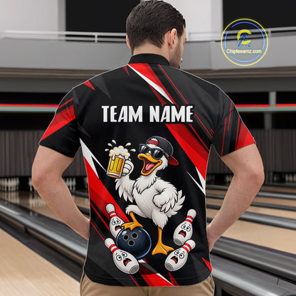 Black & Red Funny Duck Bowling Jersey Custom Bowling Shirt for Men Polo & 1/4 Zip QZT1246