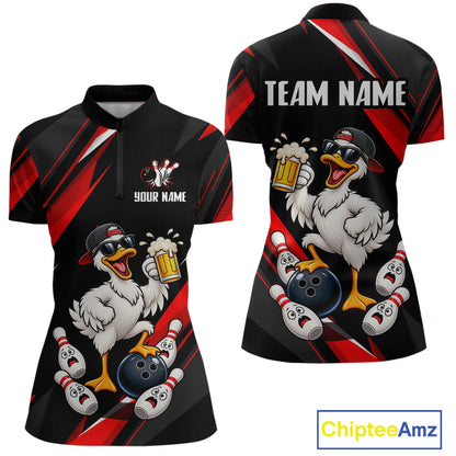 Black & Red Funny Duck Bowling Jersey Custom Bowling Shirt for Women Polo & 1/4 Zip QZT1246