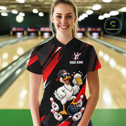 Black & Red Funny Duck Bowling Jersey Custom Bowling Shirt for Women Polo & 1/4 Zip QZT1246