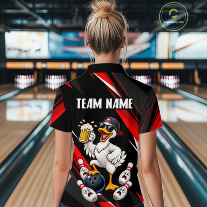 Black & Red Funny Duck Bowling Jersey Custom Bowling Shirt for Women Polo & 1/4 Zip QZT1246