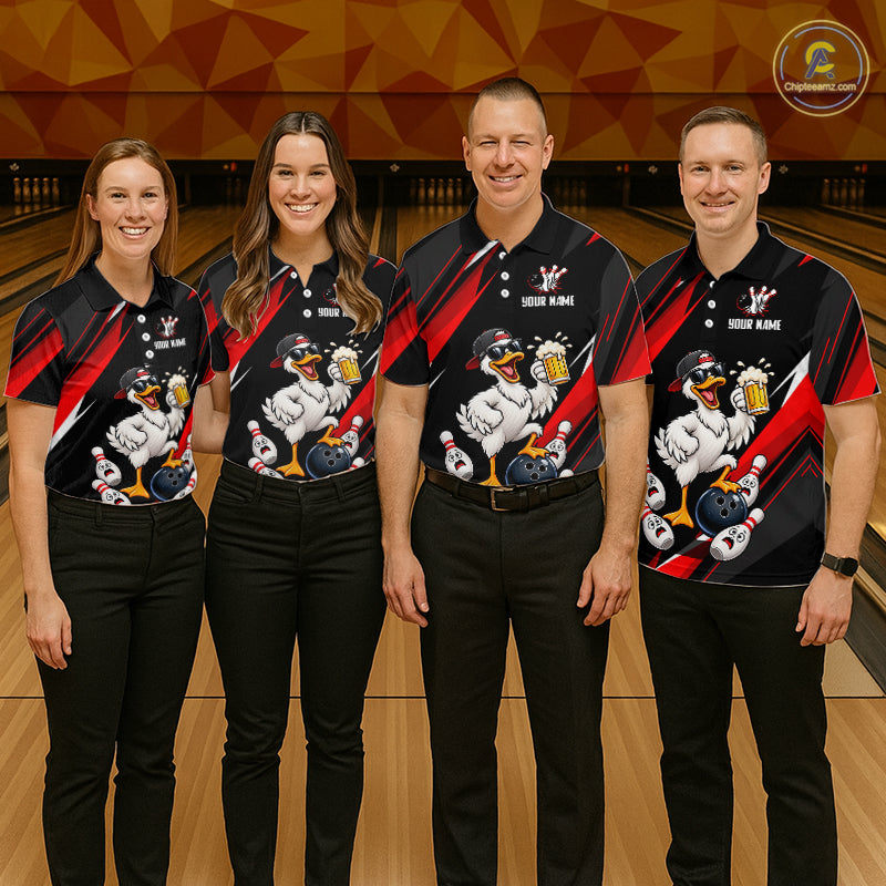 Black & Red Funny Duck Bowling Jersey Custom Bowling Shirt for Men Polo & 1/4 Zip QZT1246