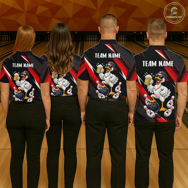 Black & Red Funny Duck Bowling Jersey Custom Bowling Shirt for Men Polo & 1/4 Zip QZT1246