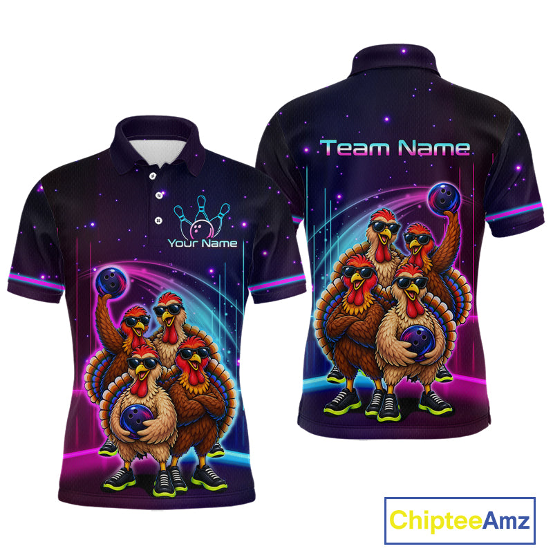 Neon Funny Team of Four Turkey Bowling Shirt Custom Bowling Jersey for Men Polo & 1/4 Zip QZT1247