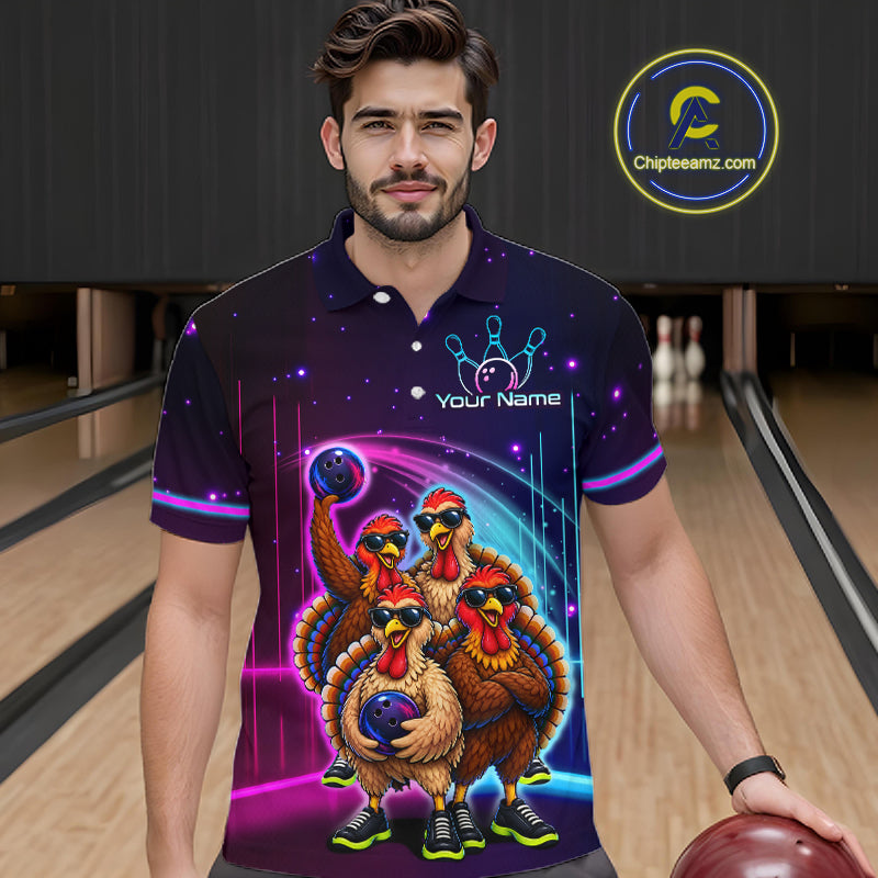 Neon Funny Team of Four Turkey Bowling Shirt Custom Bowling Jersey for Men Polo & 1/4 Zip QZT1247