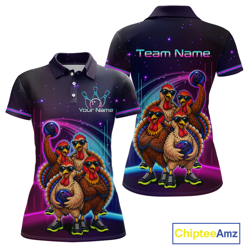 Neon Funny Team of Four Turkey Bowling Shirt Custom Bowling Jersey for Women Polo & 1/4 Zip QZT1247