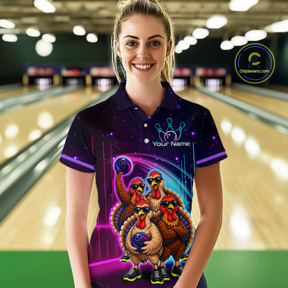 Neon Funny Team of Four Turkey Bowling Shirt Custom Bowling Jersey for Women Polo & 1/4 Zip QZT1247