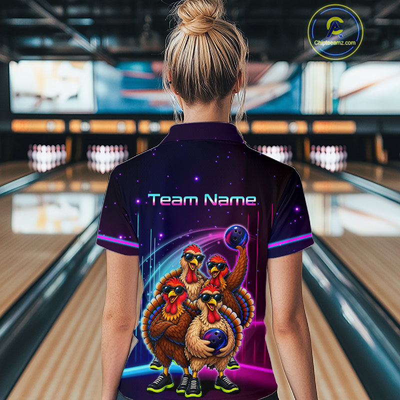 Neon Funny Team of Four Turkey Bowling Shirt Custom Bowling Jersey for Women Polo & 1/4 Zip QZT1247