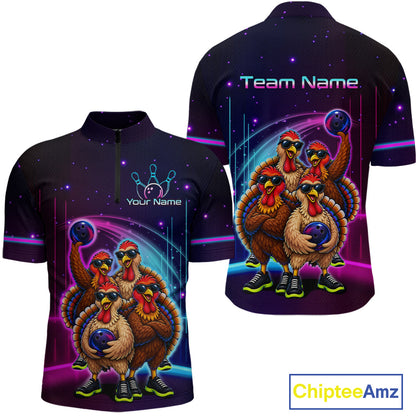 Neon Funny Team of Four Turkey Bowling Shirt Custom Bowling Jersey for Men Polo & 1/4 Zip QZT1247