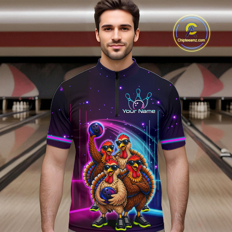 Neon Funny Team of Four Turkey Bowling Shirt Custom Bowling Jersey for Men Polo & 1/4 Zip QZT1247
