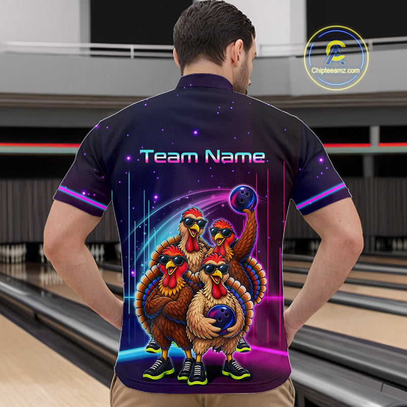 Neon Funny Team of Four Turkey Bowling Shirt Custom Bowling Jersey for Men Polo & 1/4 Zip QZT1247