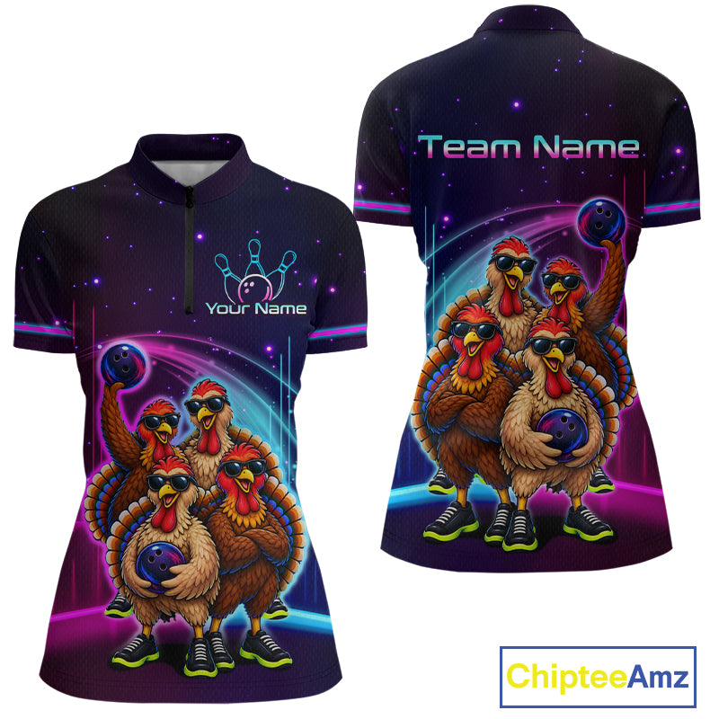 Neon Funny Team of Four Turkey Bowling Shirt Custom Bowling Jersey for Women Polo & 1/4 Zip QZT1247