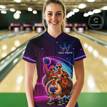 Neon Funny Team of Four Turkey Bowling Shirt Custom Bowling Jersey for Women Polo & 1/4 Zip QZT1247
