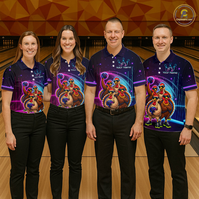 Neon Funny Team of Four Turkey Bowling Shirt Custom Bowling Jersey for Men Polo & 1/4 Zip QZT1247