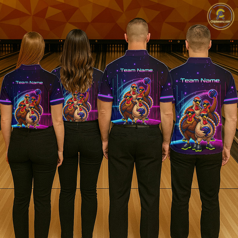 Neon Funny Team of Four Turkey Bowling Shirt Custom Bowling Jersey for Men Polo & 1/4 Zip QZT1247