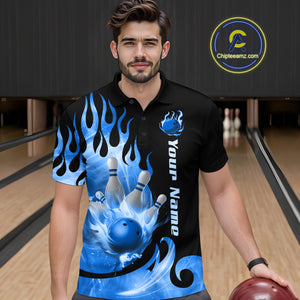 Blue Flame Bowling Team Shirt for Men Bowling League Jersey Polo & 1/4 Zip Bowling Outfit QZT782