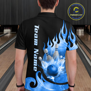 Blue Flame Bowling Team Shirt for Men Bowling League Jersey Polo & 1/4 Zip Bowling Outfit QZT782
