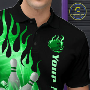 Green Flame Bowling Team Shirt for Men Bowling League Jersey Polo & 1/4 Zip Bowling Outfit QZT782