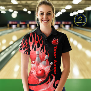 Red Flame Bowling Team Shirt for Women Bowling League Jersey Polo & 1/4 Zip Bowling Outfit QZT782