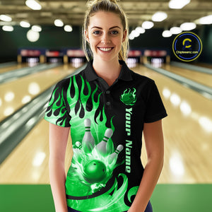 Green Flame Bowling Team Shirt for Women Bowling League Jersey Polo & 1/4 Zip Bowling Outfit QZT782