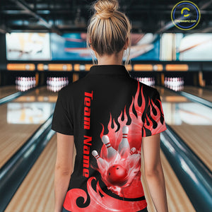 Red Flame Bowling Team Shirt for Women Bowling League Jersey Polo & 1/4 Zip Bowling Outfit QZT782