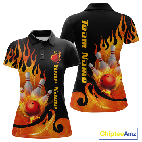Orange Flame Bowling Team Shirt for Women Bowling League Jersey Polo & 1/4 Zip Bowling Outfit QZT782