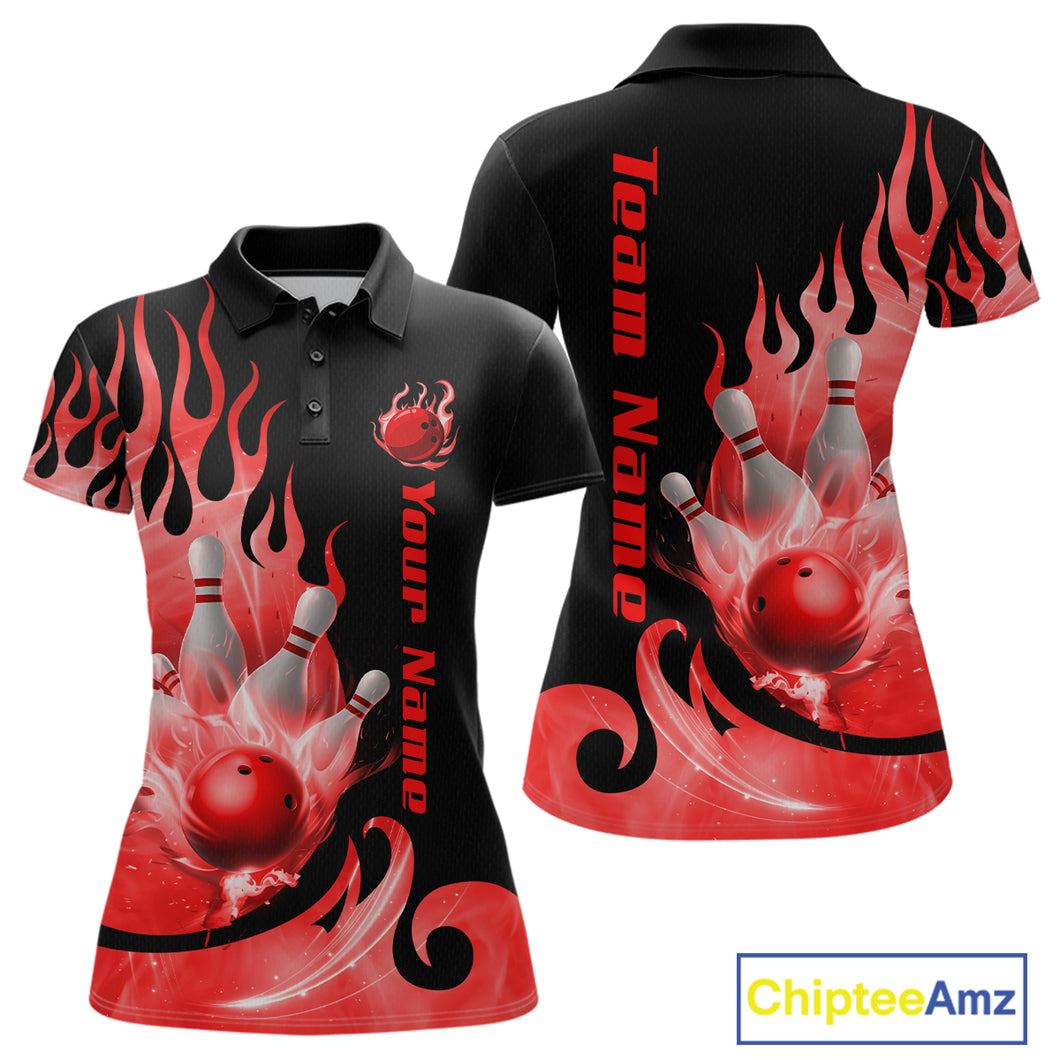 Red Flame Bowling Team Shirt for Women Bowling League Jersey Polo & 1/4 Zip Bowling Outfit QZT782