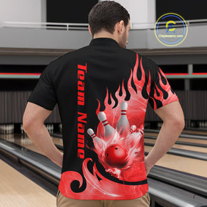 Red Flame Bowling Team Shirt for Men Bowling League Jersey Polo & 1/4 Zip Bowling Outfit QZT782