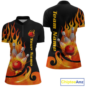 Orange Flame Bowling Team Shirt for Women Bowling League Jersey Polo & 1/4 Zip Bowling Outfit QZT782