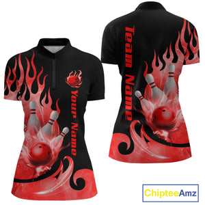 Red Flame Bowling Team Shirt for Women Bowling League Jersey Polo & 1/4 Zip Bowling Outfit QZT782