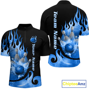 Blue Flame Bowling Team Shirt for Men Bowling League Jersey Polo & 1/4 Zip Bowling Outfit QZT782