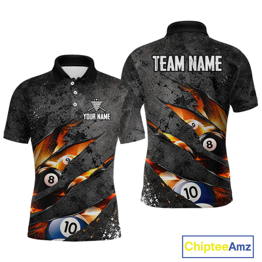 Custom Grey Billiard Shirt for Men Flames 8 Ball Billiard Jerseys Polo & 1/4-Zip BHT167