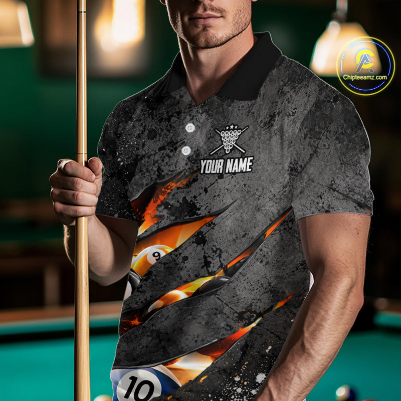Custom Grey Billiard Shirt for Men Flames 8 Ball Billiard Jerseys Polo & 1/4-Zip BHT167