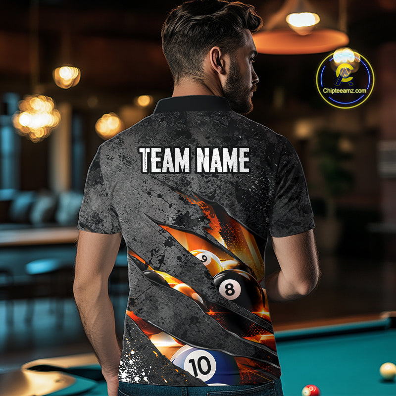 Custom Grey Billiard Shirt for Men Flames 8 Ball Billiard Jerseys Polo & 1/4-Zip BHT167