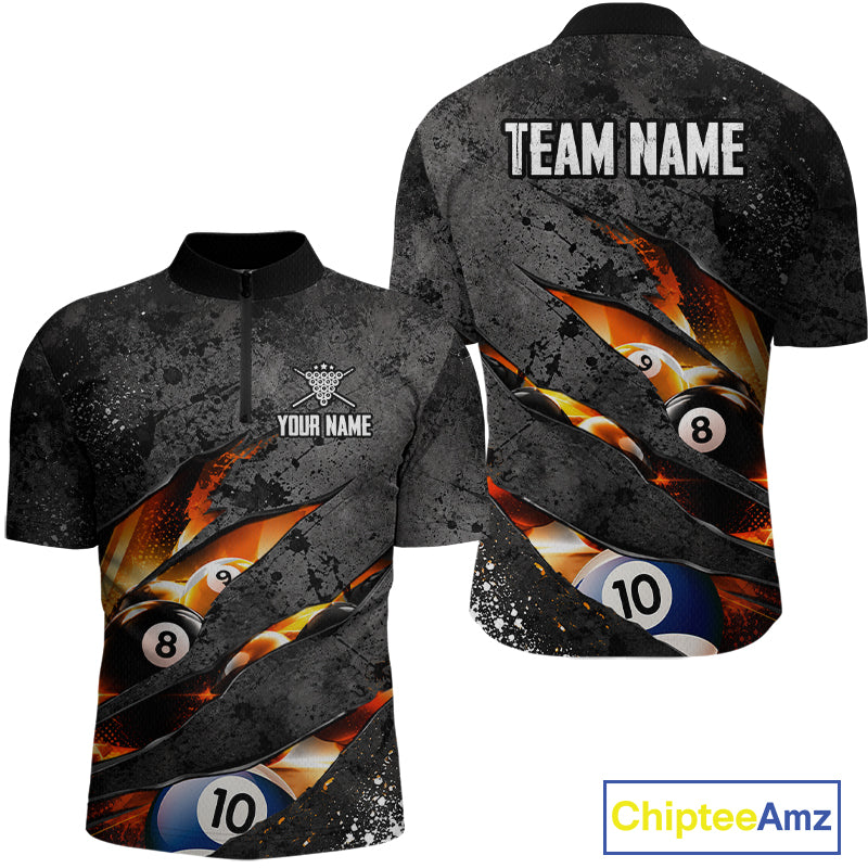 Custom Grey Billiard Shirt for Men Flames 8 Ball Billiard Jerseys Polo & 1/4-Zip BHT167
