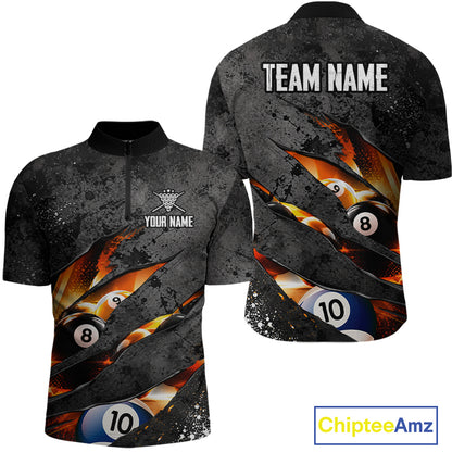 Custom Grey Billiard Shirt for Men Flames 8 Ball Billiard Jerseys Polo & 1/4-Zip BHT167