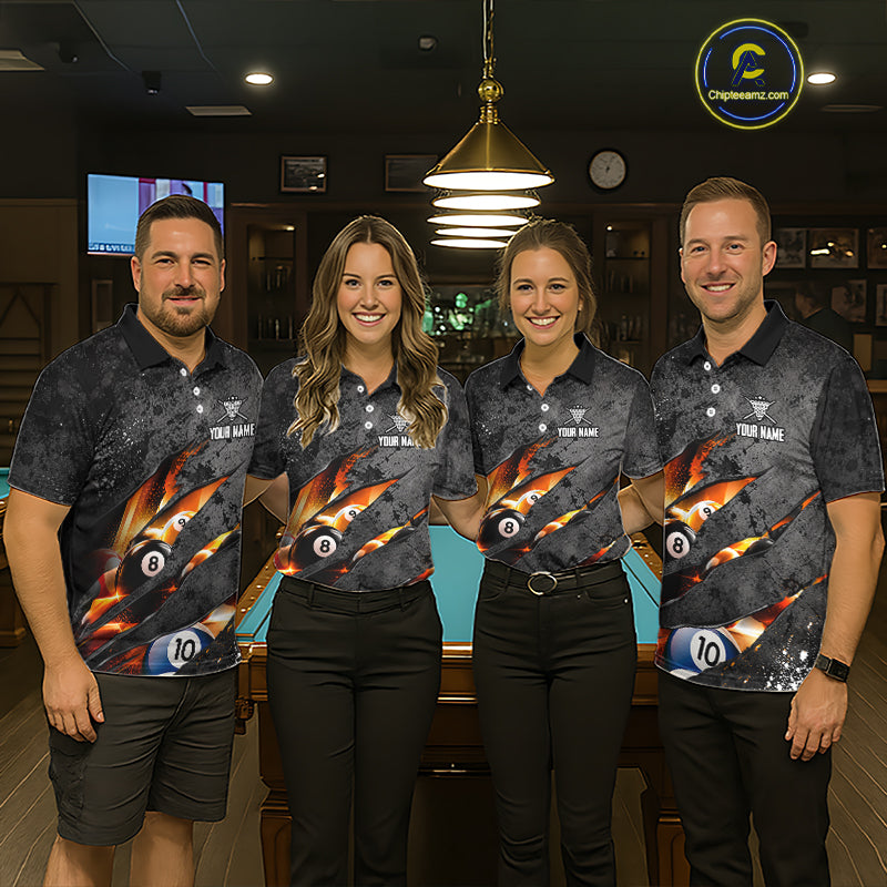 Custom Grey Billiard Shirt for Men Flames 8 Ball Billiard Jerseys Polo & 1/4-Zip BHT167