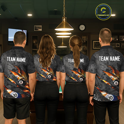 Custom Grey Billiard Shirt for Men Flames 8 Ball Billiard Jerseys Polo & 1/4-Zip BHT167