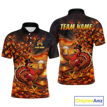 Custom Thanksgiving Bowling Shirt for Men Funny Turkey & Beer Bowling Jersey Polo & 1/4 Zip QZT1383
