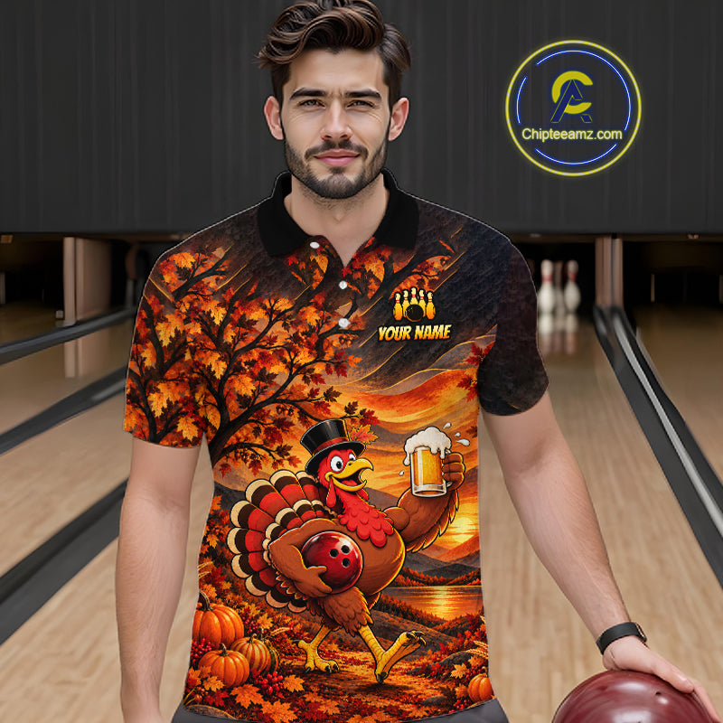 Custom Thanksgiving Bowling Shirt for Men Funny Turkey & Beer Bowling Jersey Polo & 1/4 Zip QZT1383