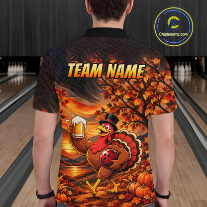 Custom Thanksgiving Bowling Shirt for Men Funny Turkey & Beer Bowling Jersey Polo & 1/4 Zip QZT1383