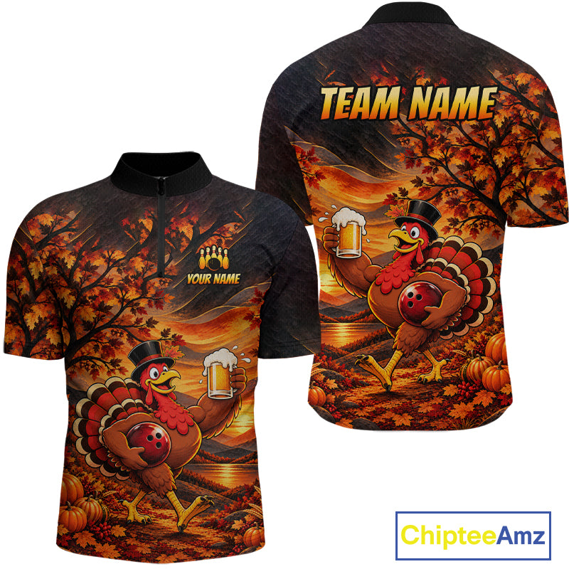 Custom Thanksgiving Bowling Shirt for Men Funny Turkey & Beer Bowling Jersey Polo & 1/4 Zip QZT1383